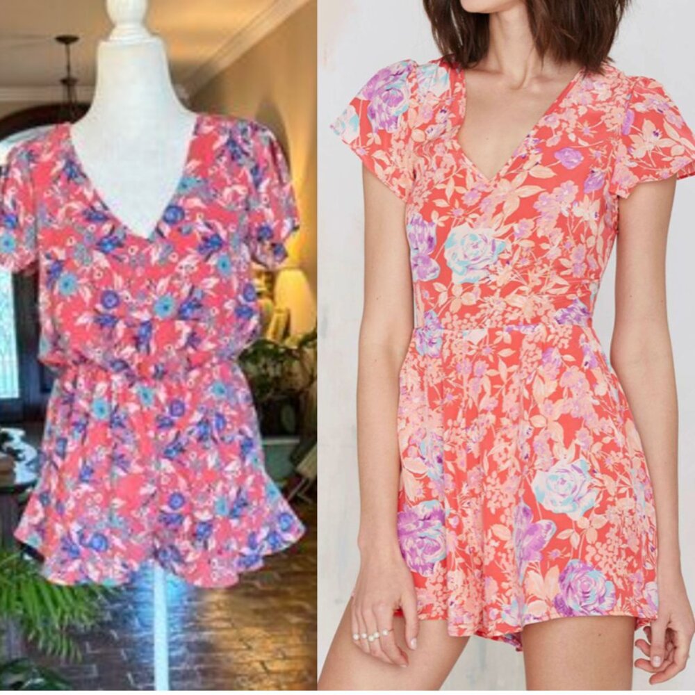 Everly Floral Lined Flutter Sleeve Open Back Boho Romper size S
